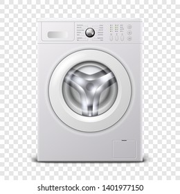 Vector 3d Realistic Modern White Steel Washing Machine Icon Closeup Isolated on Transparent Background. Design Template of Wacher. Front View, Laundry Concept