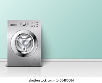 Vector 3d Realistic Modern White Steel Washing Machine Closeup. Design Template of Wacher. Front View, Laundry Concept