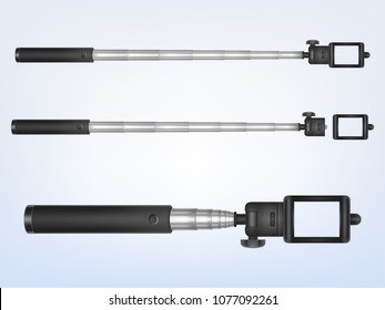 Monopodo vector 3d realista para smartphone, maniquí plegable. Marcador de teléfono para foto, selfiestick. Soporte de cámara de aluminio para estabilidad de video, dispositivo fotógrafo. Herramienta moderna, selfie stick