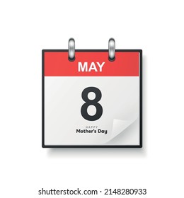 Vector 3d Realistic Mother s Day Classic Red Simple Minimalistic Calendar Icon Isolated. Happy Mothers Day Concept, May 8, 2022