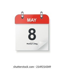 Vector 3d Realistic Mother's Day Classic Red Simple Minimalistic Calendar Symbol isoliert. Happy Mütters Day Concept, 8. Mai 2022