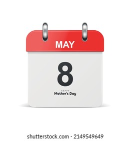 Vector 3d Realistic Mother s Day Classic Red Simple Minimalistic Calendar Icon Isolated. Happy Mothers Day Concept, May 8, 2022