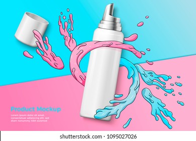 Vector 3d realistic mousse bottle with cap on bright modern paper background with doodle splashes. Mock-up for product package branding.