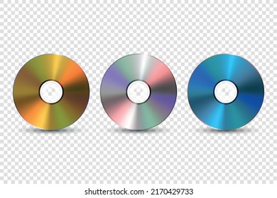 Vector 3d Realistic Multicolor, Golden, Silver, Blue CD, DVD Set Closeup Isolated. CD Design Template for Mockup, Copy Space. Compact Disk Icon, Front View