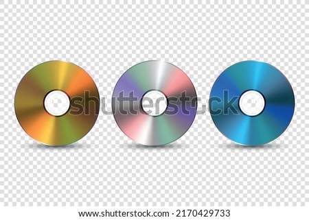 Vector 3d Realistic Multicolor, Golden, Silver, Blue CD, DVD Set Closeup Isolated. CD Design Template for Mockup, Copy Space. Compact Disk Icon, Front View