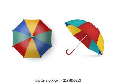 Vector 3d Realistic Multicolored Blank Umbrella Set Isolated on White Background. Design Template of Opened Parasol, Top and Front View