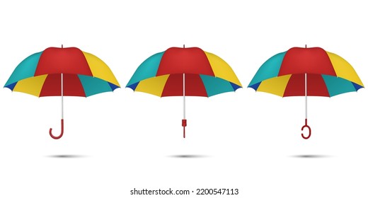 Vector 3d Realistic Multicolored Blank Umbrella Set Isolated on White Background. Design Template of Opened Parasol, Front View