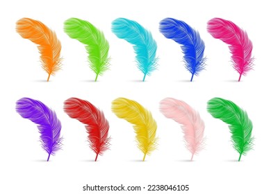 Vector 3d Realistic Multicolored Fluffy Feather Set Isolated on White Background. Design Template of Flamingo, Angel, Bird Detailed Feathers. Lightness, Freedom Concept