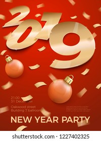 Vector 3d realistic New Year Party invitation with gold foil paper number 2019 laying on red surface, with confetti, shadows, perspective and blur.