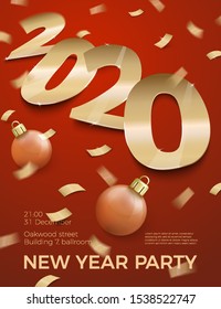 Vector 3d realistic New Year Party invitation with gold foil paper number 2020 laying on red surface, with confetti, shadows, perspective and blur.