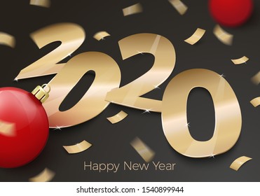 Vector 3d realistic New Year Party invitation with gold foil paper number 2020 laying on black surface, with red balls, confetti, shadows, perspective and blur.