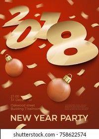 Vector 3d realistic New Year Party invitation with gold foil paper number 2018 laying on red surface, with confetti, shadows, perspective and blur.