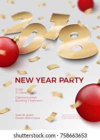 Vector 3d realistic New Year Party invitation with gold foil paper number 2018 laying on white surface, with red balls, confetti, shadows, perspective and blur.