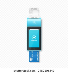 Vector 3D Realistic NFC Payment Terminal with Payment Receipt, Credit Card. Payment Machine - Approved Status. Design Template for Bank Payment Contactless Terminal. Mockup of a POS Terminal. Top View