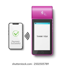 Vector 3D Realistic NFC Payment Terminal and Smartphone. Successful Payment, Successful Transaction. Payment Machine with Approved Status. Design Template for Bank Payment Contactless Terminal