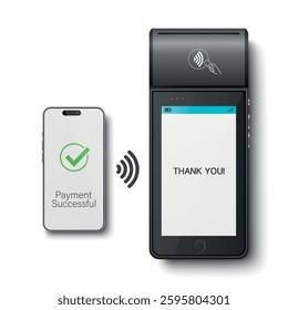 Vector 3D Realistic NFC Payment Terminal and Smartphone Closeup. Approved Payment, Successful Transaction. Payment Machine Design Template, Bank Payment Contactless Terminal