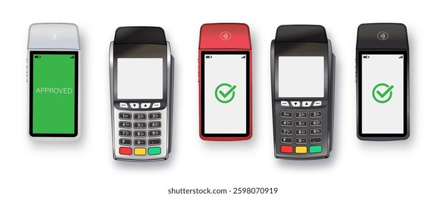 Vector 3D Realistic NFC Payment Terminal. Credit Card. Payment Machine. Template for Bank Payment Contactless Terminal. POS Terminal.