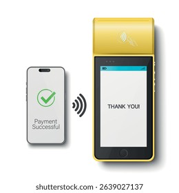 Vector 3D Realistic NFC Payment Terminal and Smartphone Closeup. Approved Payment, Successful Transaction. Payment Machine Design Template, Bank Payment Contactless Terminal