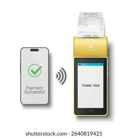 Vector 3D Realistic NFC Payment Terminal and Smartphone Closeup. Approved Payment, Successful Transaction. Payment Machine Design Template, Bank Payment Contactless Terminal