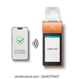 Vector 3D Realistic NFC Payment Terminal and Smartphone Closeup. Approved Payment, Successful Transaction. Payment Machine Design Template, Bank Payment Contactless Terminal