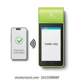 Vector 3D Realistic NFC Payment Terminal and Smartphone Closeup. Approved Payment, Successful Transaction. Payment Machine Design Template, Bank Payment Contactless Terminal