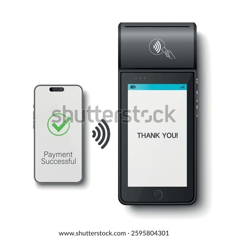 Vector 3D Realistic NFC Payment Terminal and Smartphone Closeup. Approved Payment, Successful Transaction. Payment Machine Design Template, Bank Payment Contactless Terminal