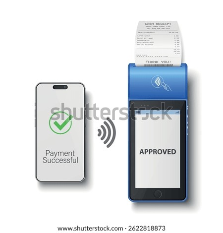 Vector 3D Realistic NFC Payment Terminal and Smartphone Closeup. Approved Payment, Successful Transaction. Payment Machine Design Template, Bank Payment Contactless Terminal