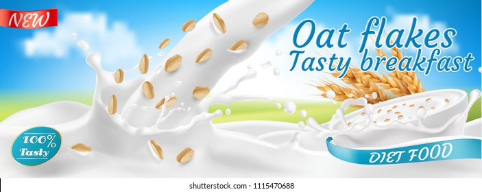 Vector 3d realistic oat flakes in milk, package design. Rolled grains in white bowl with splashing drops. Diet healthy food, nutrition. Mock up of farm product for advertising poster, promo banner