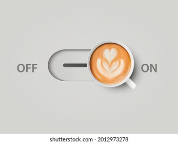 Vektor 3d realistisch Off, On Switch mit Milk Foam Coffee in White Ceramic, Porzellan Coffee Mug. Capuccino, Latte, Blumenmuster. Konzept kreatives Banner mit Coffee Cup. Vorlage entwerfen. Draufsicht