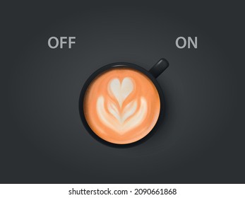 Vector 3d Realistic Off, On Switch with Milk Foam Coffee in Black Ceramic, Porcelain Coffee Mug, Foam Pattern. Capuccino, Latte. Concept Creative Banner with Coffee Cup. Design Template. Top View