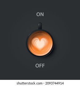 Vector 3d Realistic Off, On Switch with Milk Foam Coffee in Black Ceramic, Porcelain Coffee Mug, Foam Pattern. Capuccino, Latte. Concept Creative Banner with Coffee Cup. Design Template. Top View