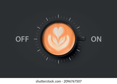 Vector 3d Realistic Off, On Switch with Milk Foam Coffee in Black Ceramic, Porcelain Coffee Mug, Foam Pattern. Capuccino, Latte. Concept Creative Banner with Coffee Cup. Design Template. Top View