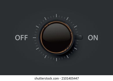 Vector 3d Realistic Off, On Switch with Coffee in Black Ceramic, Porcelain Coffee Mug on Black. Coffee Cup Icon. Concept Creative Banner with Coffee Cup. Design Template. Top View