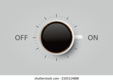 Vector 3d Realistic Off, On Switch with Coffee in White Ceramic, Porcelain Coffee Mug on Whitek. Coffee Cup Icon. Concept Creative Banner with Coffee Cup. Design Template. Top View