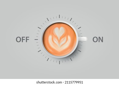 Vector 3d Realistic Off, On Switch with Coffee in White Ceramic, Porcelain Coffee Mug on Whitek. Latte, Capuccino. Coffee Cup Icon. Concept Creative Banner with Coffee Cup. Design Template. Top View