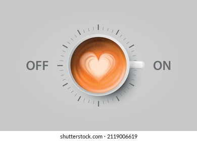 Vector 3d Realistic Off, On Switch with Coffee in White Ceramic, Porcelain Coffee Mug on Whitek. Latte, Capuccino. Coffee Cup Icon. Concept Creative Banner with Coffee Cup. Design Template. Top View