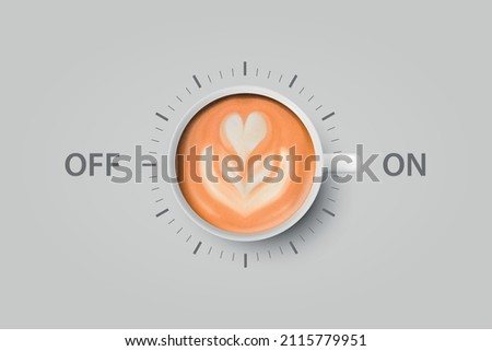 Vector 3d Realistic Off, On Switch with Coffee in White Ceramic, Porcelain Coffee Mug on Whitek. Latte, Capuccino. Coffee Cup Icon. Concept Creative Banner with Coffee Cup. Design Template. Top View