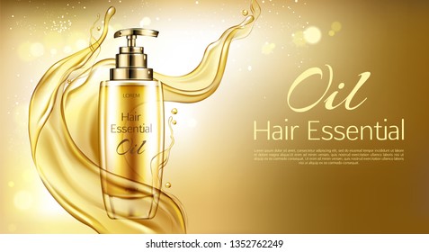 Vector 3d realistic oil essence in golden glass bottle with pump dispenser. Yellow liquid hair serum in splash, background. Oily cosmetics for ad poster, promo banner. Natural vitamins in cosmetic