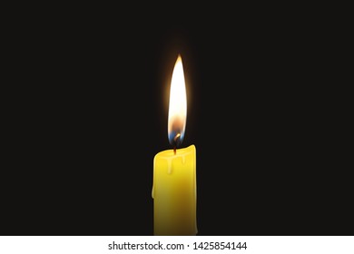 Vector 3d Realistic One Single Render Orange Paraffin or Wax Burning Candle Closeup Isolated on Dark or Black Background. Flame at Night