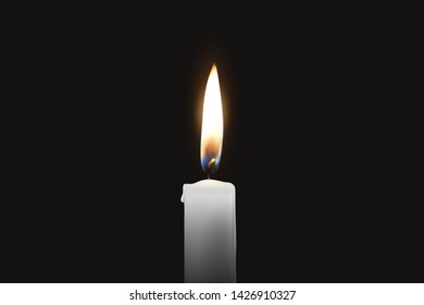 Vector 3d Realistic One Single White Paraffin or Wax Burning Candle Closeup Isolated on Dark or Black Background. Flame at Night