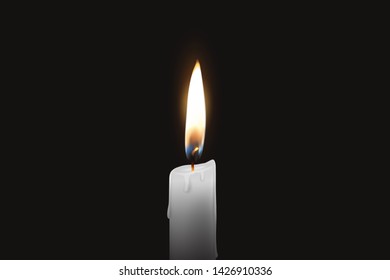 Vector 3d Realistic One Single Rendwer White Paraffin or Wax Burning Candle Closeup Isolated on Dark or Black Background. Flame at Night