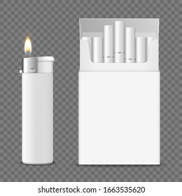 Vector 3d Realistic Opened Clear Blank Cigarette Pack Box with Cigarettes and Lighter with Flame Set Closeup Isolated on Transparent Background. Design Template. Smoke Problem Concept, Tobacco, Mockup