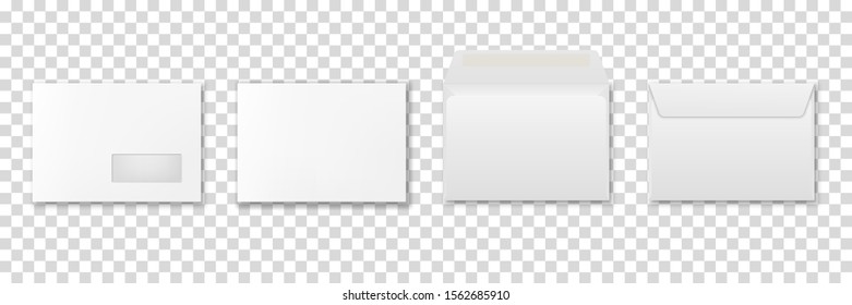 Vector 3d Realistic Opened and Closed Blank White Office Paper Envelope Icon Set Closeup Isolated on Transparent Background. Design Template for Mockup. Front and Back View