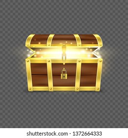 Vector 3d Realistic Opened Empty Retro Vintage Antique Old Treasure Wooden brown Pirate Dower Chest with a Glow, Golden Metal Stripes and Padlock and Keyhole Closeup Isolated on Transparent Background