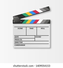 Vector 3d Realistic Opened Movie Film Clap Board Icon Closeup Isolated on White Background. Design Template of Clapperboard, Slapstick, Filmmaking Device. Top View