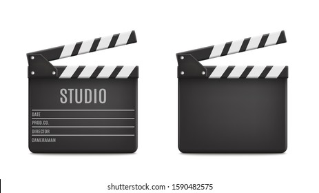 Vector 3d Realistic Opened Movie Film Clap Board Icon Set Closeup Isolated on Transparent Background. Design Template of Clapperboard, Slapstick, Filmmaking Device. Front View. Vector illustration