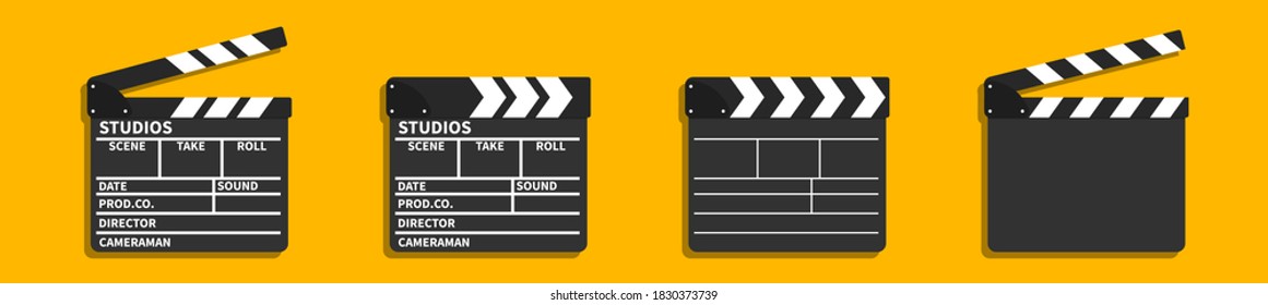 Vector 3d realistic opened movie film clap board icon set closeup on orange background, design template of clapperboard, slapstick, filmmaking device