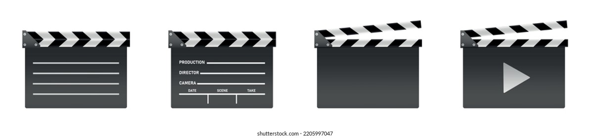 Vector 3d Realistic Opened Movie Film Clap Board Symbol Nahaufnahme einzeln auf transparentem Hintergrund. Design-Template von Clapperboard, Slapstick, Filmmaking Gerät. Vorderansicht