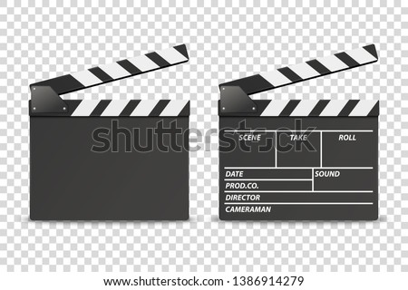 Vector 3d Realistic Opened Movie Film Clap Board Icon Set Closeup Isolated on Transparent Background. Design Template of Clapperboard, Slapstick, Filmmaking Device. Front View