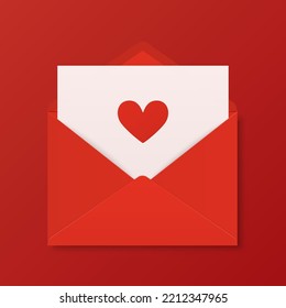 Vector 3d Realistic Opened Red Envelope on Red Background with Heart. Isolated Envelope with Paper Sheet Inside. Invitation, Message, Letter Template. Design Template for Valentine s Day Card, Banner